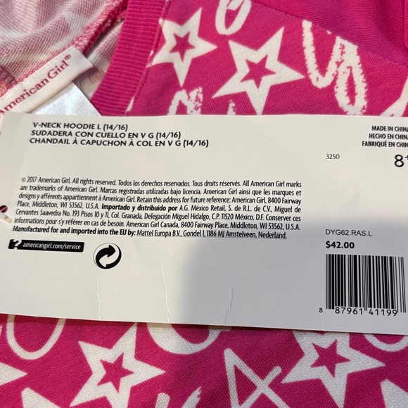 American Girl Fuchsia Hoodie W/White Stars Girls Size L(14-16) Giftable NWT - Picture 5 of 8